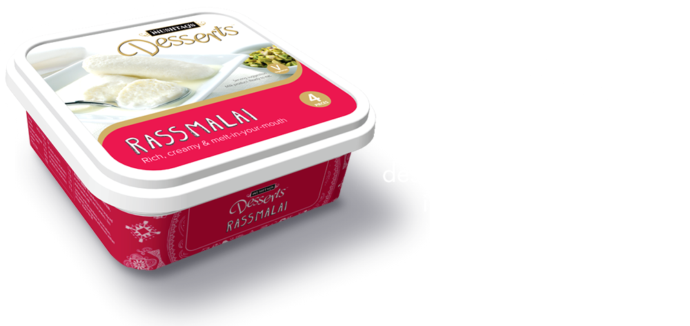Mushtaqs desserts, Rassmalai. Classic and refreshing dessert of soft curds served in rich, creamy milk